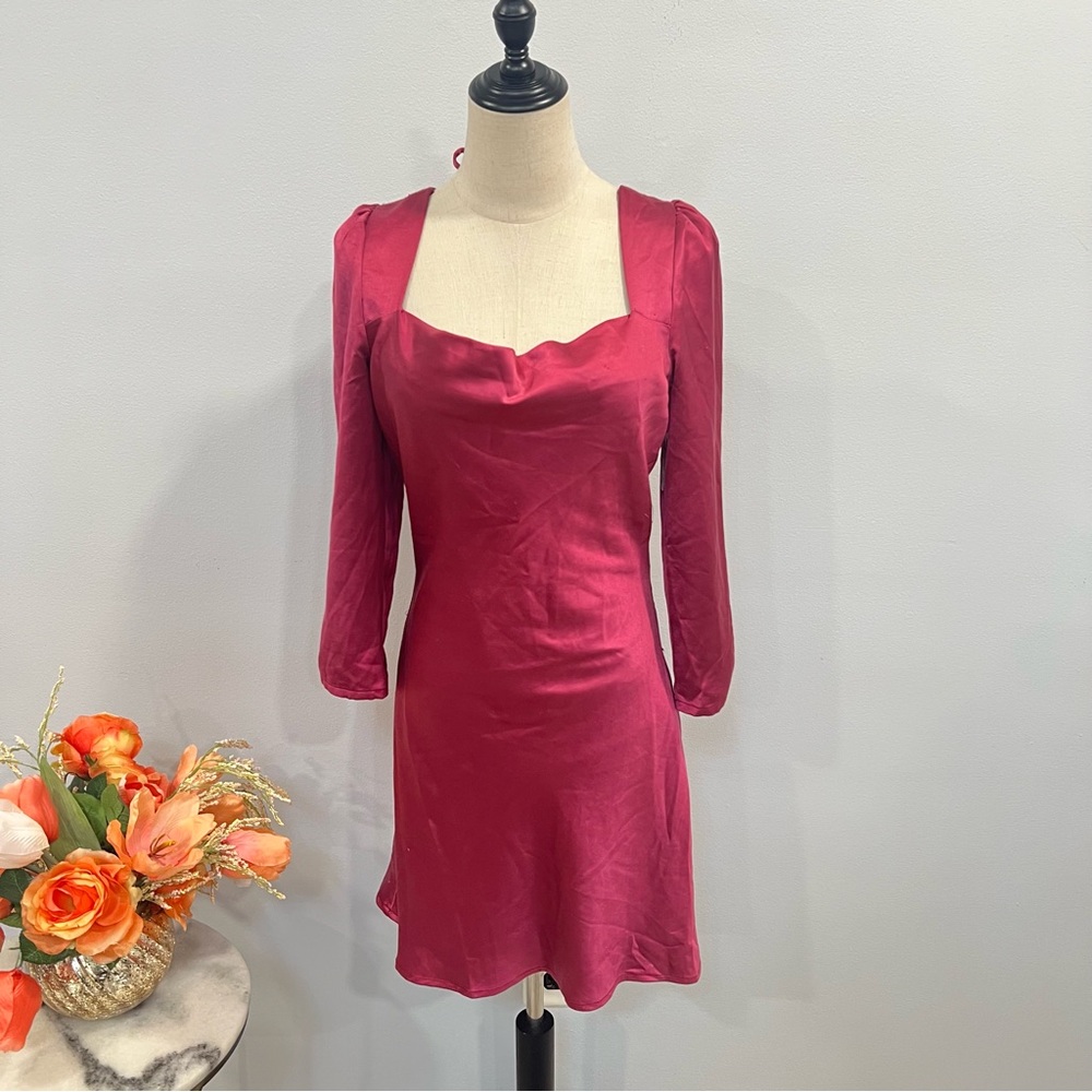 Lush Hot Pink Satin Squared Cowl Neck Tie Back 3/4 Sleeves Mini Dress Size Large